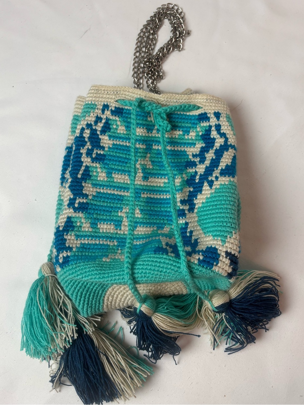 Arte & Tejido Wayuu Woven Bucket Bag Blue Green Aztec Southwest Tassels Boho
